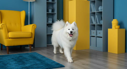 A dog looking curiously at a blue toy