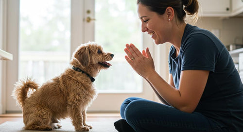 Dog happily receiving a treat during training session