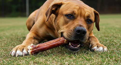 Dog enjoying a bully stick chew