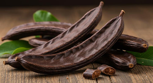 Carob pods and dog treats showcasing the benefits of carob for canine skin health