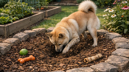 Dog happily digging in a designated backyard dig zone designed to protect garden plants