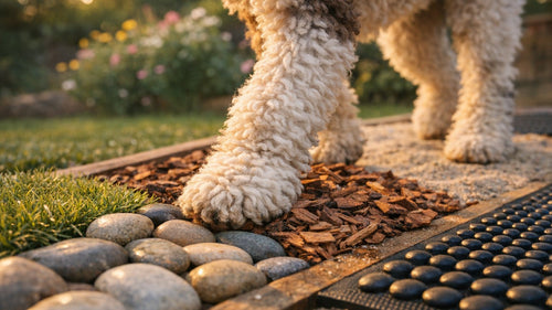 Dog exploring a backyard sensory path with varied textures for paw enrichment and mental stimulation