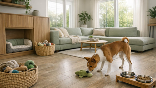 Designing a dog-friendly home with durable flooring, cozy furniture, and enrichment toys