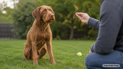 Dog practicing focus and engagement during distraction training with a dog parent