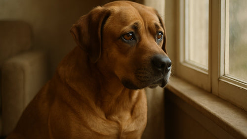 Sad dog looking out window wishing for a walk