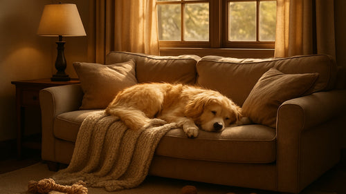 A dog peacefully sleeping on a couch while home alone