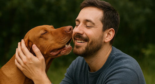 Person petting a happy dog, illustrating the bond and oxytocin release between them