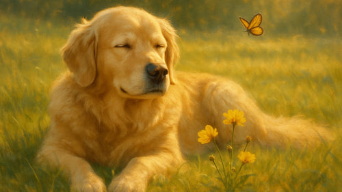 A dog sniffing around during a walk, looking happy and engaged.