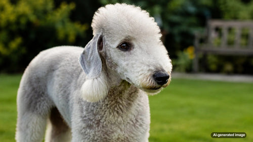 Bedlington Terrier with a curly lamb-like coat standing alert outdoors