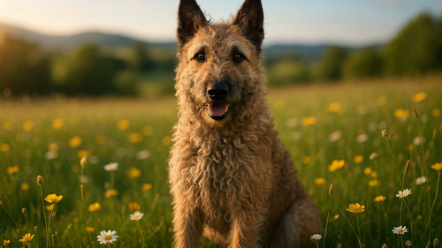 Belgian Laekenois dog with a wiry fawn coat in outdoor setting