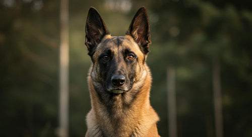 Belgian Malinois dog standing alert in a grassy field