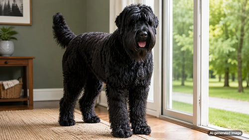 Black Russian Terrier standing outdoors with a thick black coat
