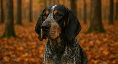 Bluetick Coonhound standing alert in a grassy field