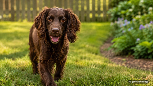 Boykin Spaniel standing outdoors with a rich brown coat, friendly expression, and active sporting dog energy