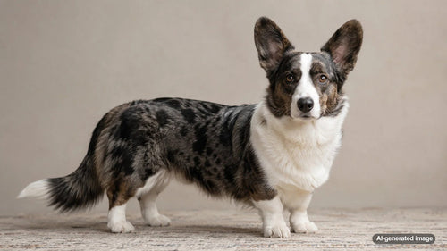 Cardigan Welsh Corgi standing outdoors with its long tail, rounded ears, and sturdy herding-dog build visible