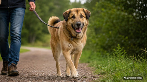 Tawny Chinook dog standing outdoors with an alert, friendly expression