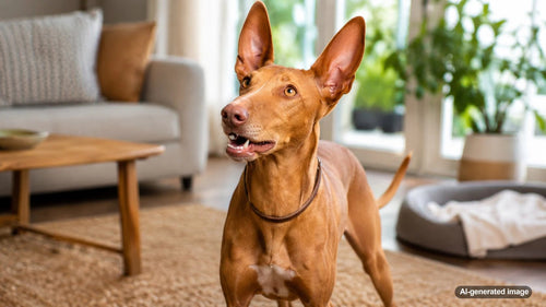 Cirneco dell'Etna dog standing alert outdoors with tall ears and a sleek athletic build