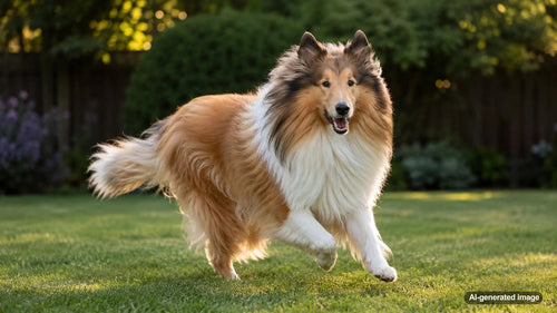 Rough Collie standing outdoors with its long sable and white coat