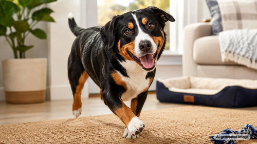 Entlebucher Mountain Dog standing outdoors with a bright tri-colored coat