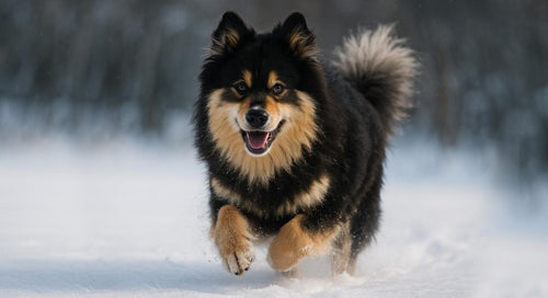 Fluffy Finnish Lapphund outdoors on a snowy field