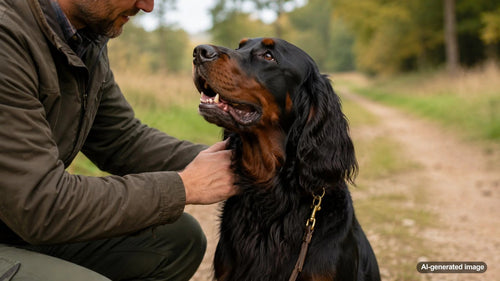 Gordon Setter dog standing outdoors with its distinctive black and tan coat