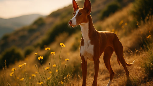 Ibizan Hound standing in outdoor setting with erect ears