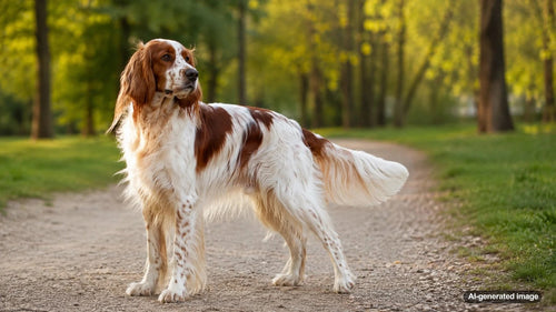 Irish Red and White Setter standing outdoors with its distinctive red and white coat