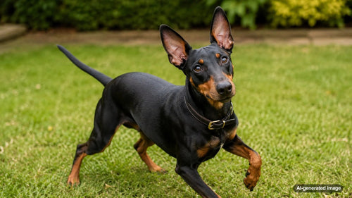 Manchester Terrier dog with a sleek black-and-tan coat for a Woof dog breed profile