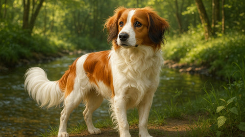 Nederlandse Kooikerhondje sitting on grass with alert expression