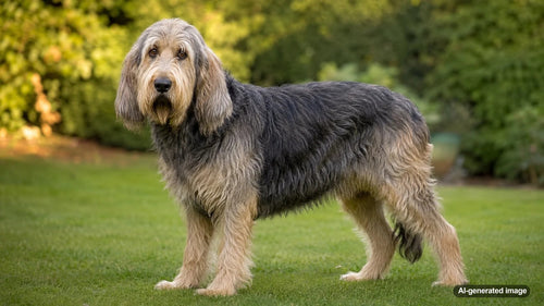 Shaggy Otterhound standing outdoors with its long ears, rough double coat, and friendly expression