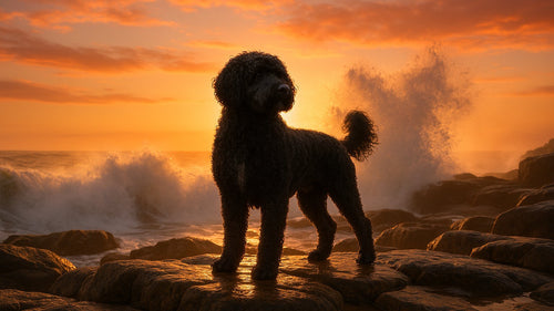 Portuguese Water Dog showcasing its curly coat and webbed feet