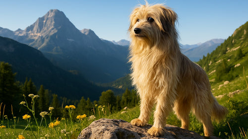 Pyrenean Shepherd standing outdoors with a joyful expression