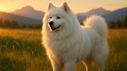 A smiling Samoyed dog with a fluffy white coat