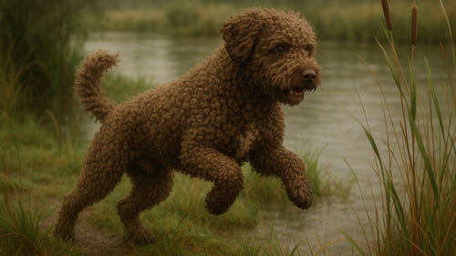 Spanish Water Dog running by water with curly corded coat