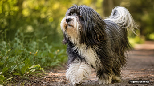 A Tibetan Terrier with a shaggy coat enjoying an enrichment-friendly dog parent routine