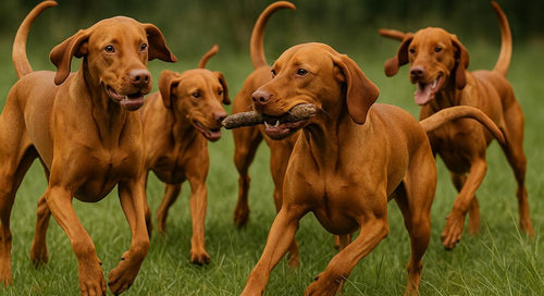 Vizsla dog standing in a grassy field