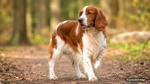 Red and white Welsh Springer Spaniel standing outdoors with an alert and friendly expression