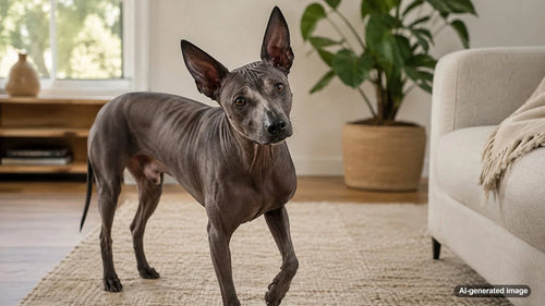 Alert Xoloitzcuintli standing outdoors for a dog breed profile