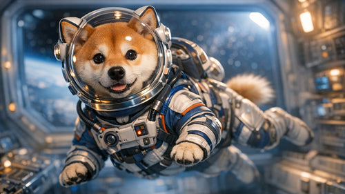 Dogs in space concept illustration showing a canine astronaut suit designed for comfort safety and enrichment