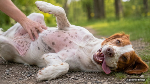 Dog resting comfortably with naturally spotted skin visible on its belly