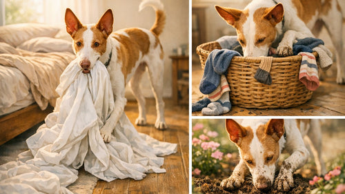 Dog helping with household chores by playing during laundry, gardening, and bed making