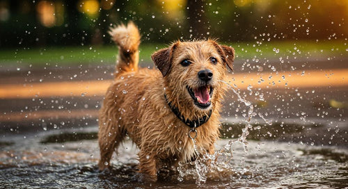 Dog enjoying a fun day with Woof products