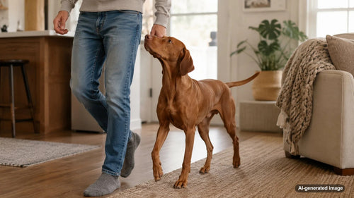 A relaxed dog looking affectionately at its owner in a cozy home setting