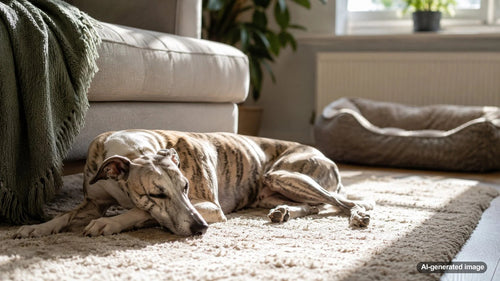 A relaxed dog resting comfortably in a favorite sleeping spot at home