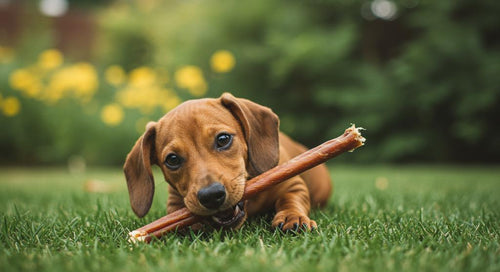 Dog chewing on a bully stick safely using Woof's BullySafe holder