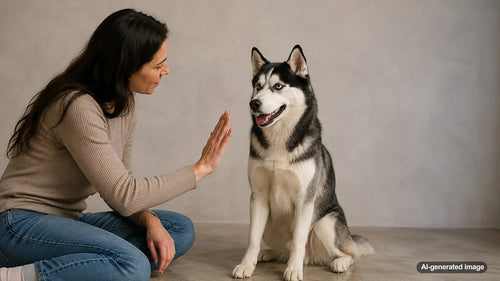 A calm Siberian Husky relaxing at home during a structured enrichment routine