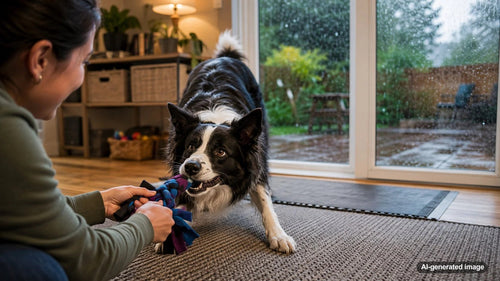 High-drive herding dog enjoying an indoor rainy-day enrichment routine