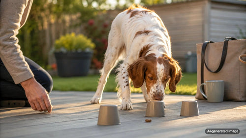 Dog enjoying a quick morning brain game with hidden treats before its owner starts work