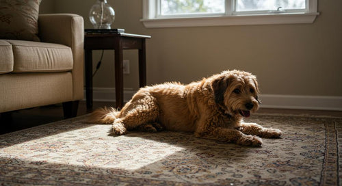 Happy dog settling into new home with cozy bed and treats