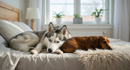 Happy dog meeting new puppy sibling in a cozy home environment